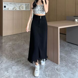 a字遮胯小众港风高腰设计毛边开叉牛仔半身裙女装 夏季 显瘦包臀裙