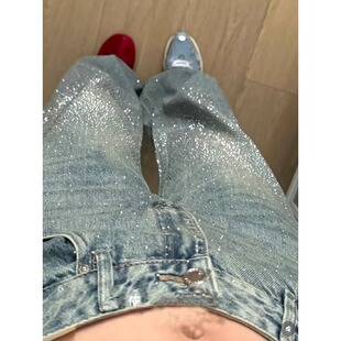 满天星烫钻重工牛仔裤女秋冬设计感宽松直筒阔腿显瘦带钻爆闪裤子