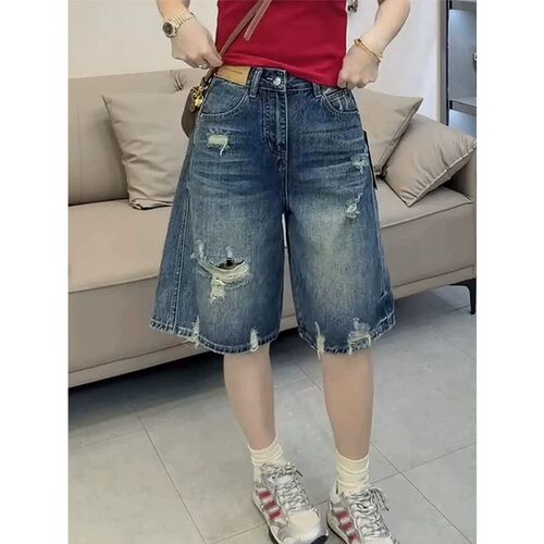 大码破洞A字五分牛仔短裤女夏季