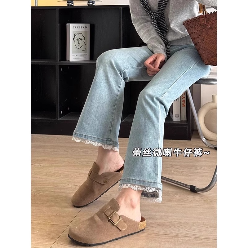 复古浅色蕾丝边微喇牛仔裤女2025夏季新款弹力显瘦高腰喇叭九分裤