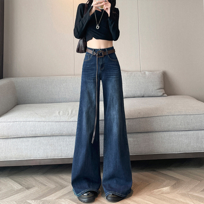 深蓝色阔腿牛仔裤女加绒2025年