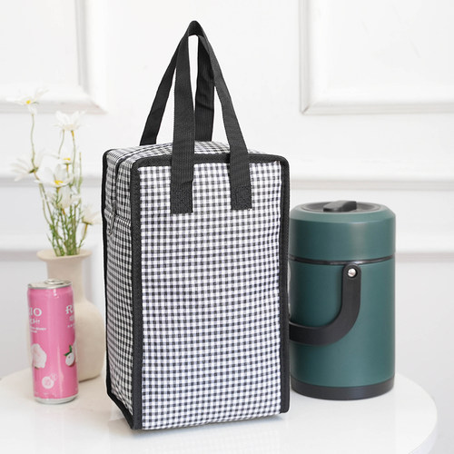饭盒袋保温桶袋子学生格子圆形饭盒袋便当盒饭桶保温袋带饭手提包
