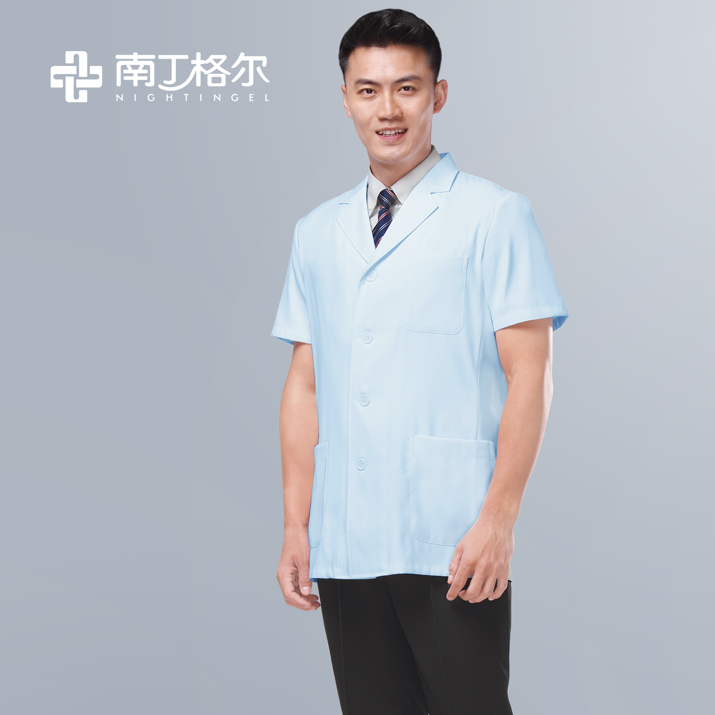 南丁格尔韩版西服领医生服白大褂短袖蓝色工作服修身医师制服上衣