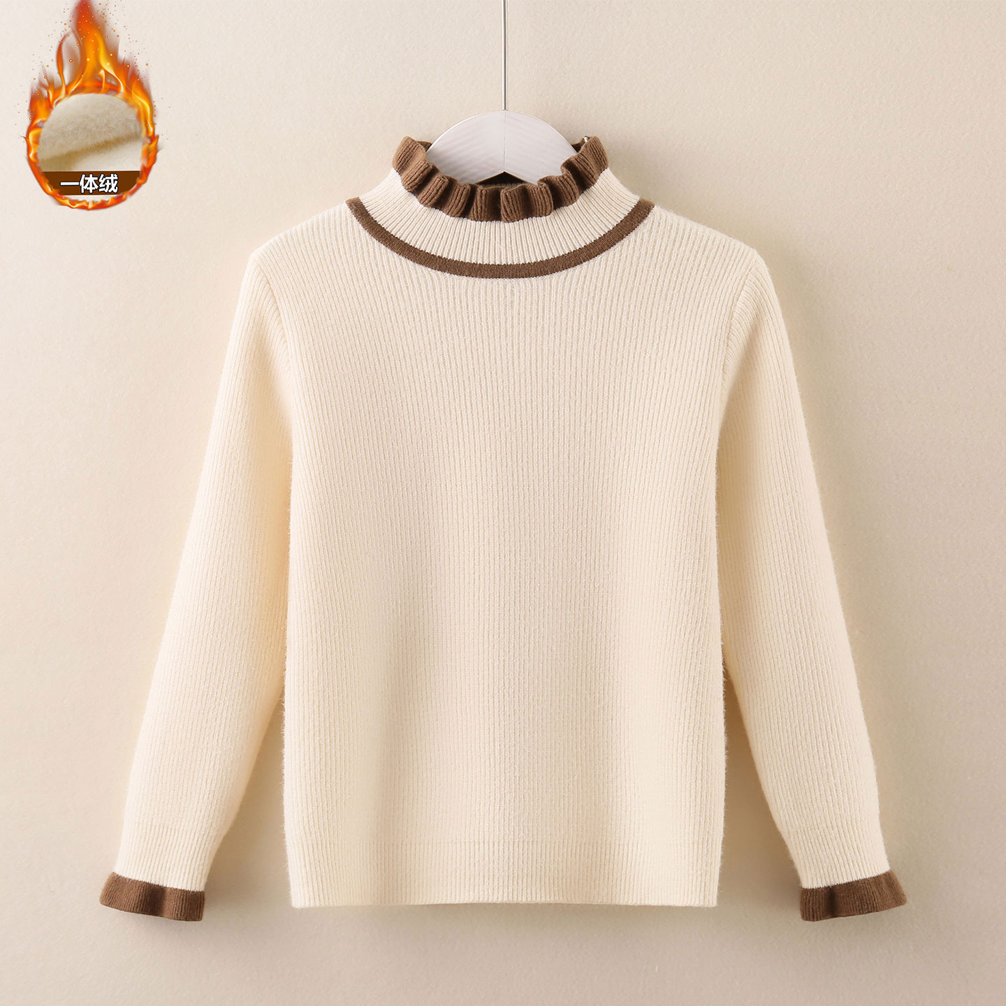 女童打底衫秋冬2025新款儿童一体绒半高领套头毛衣中大童针织衫女