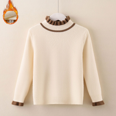 女童打底衫秋冬2025新款儿童一体绒半高领套头毛衣中大童针织衫女