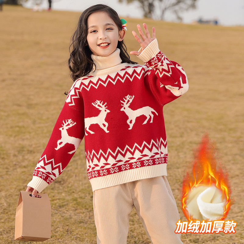 女童红色毛衣冬装2025新款儿童加绒加厚新年拜年服高领针织打底衫
