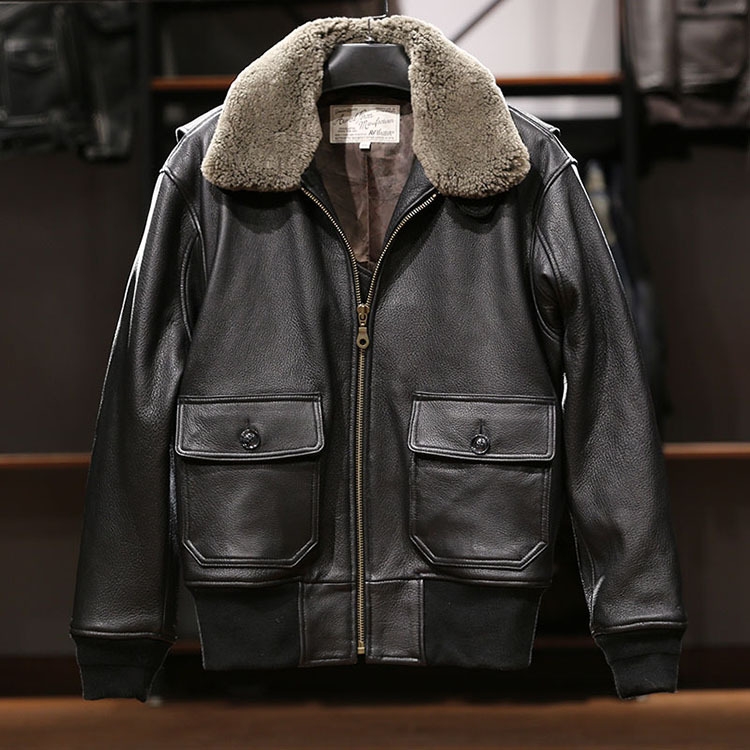 空飞行服加厚山羊皮G1夹克男草上霜可拆卸羊毛领真皮皮衣