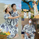 森系涂鸦亲子装 一家三口四口海边度假甜美连衣裙母子复古夏沙滩装