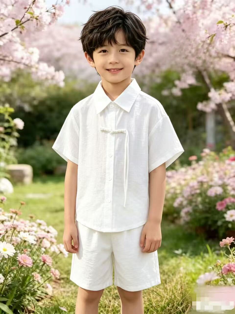 男童夏装短袖白衬衫套装唐装汉服洋气痞帅中大儿童夏季薄款老钱风图片