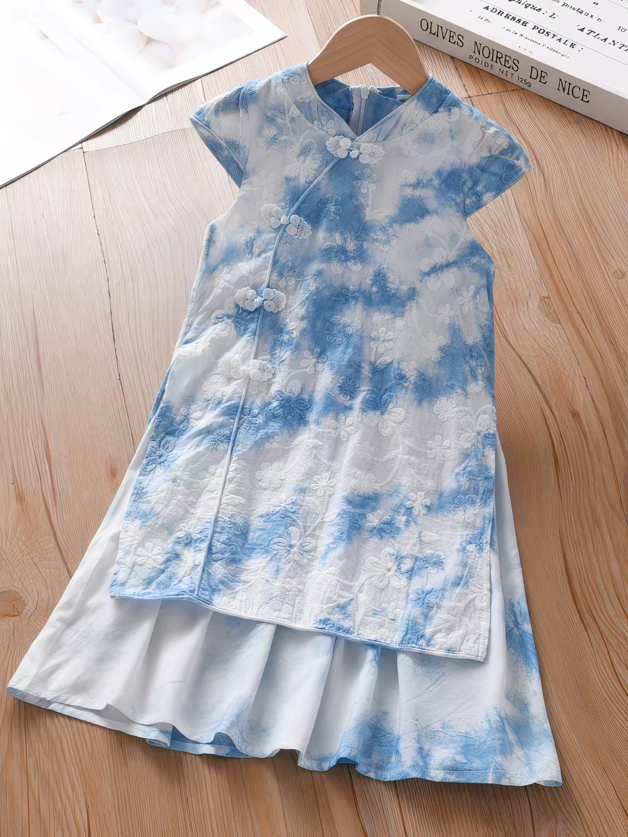云南大理手工扎染女童汉服连衣裙新中式儿童旗袍公主裙夏女孩大童