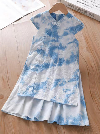 云南大理手工扎染女童汉服连衣裙新中式儿童旗袍公主裙夏女孩大童