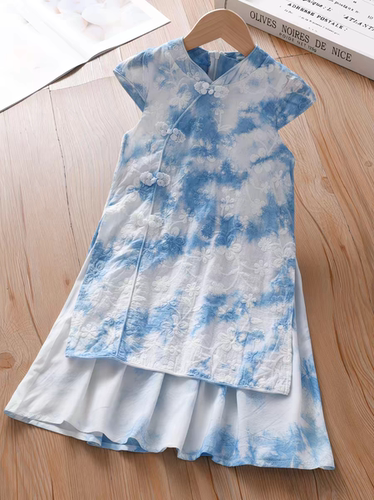 云南大理手工扎染女童汉服连衣裙新中式儿童旗袍公主裙夏女孩大童