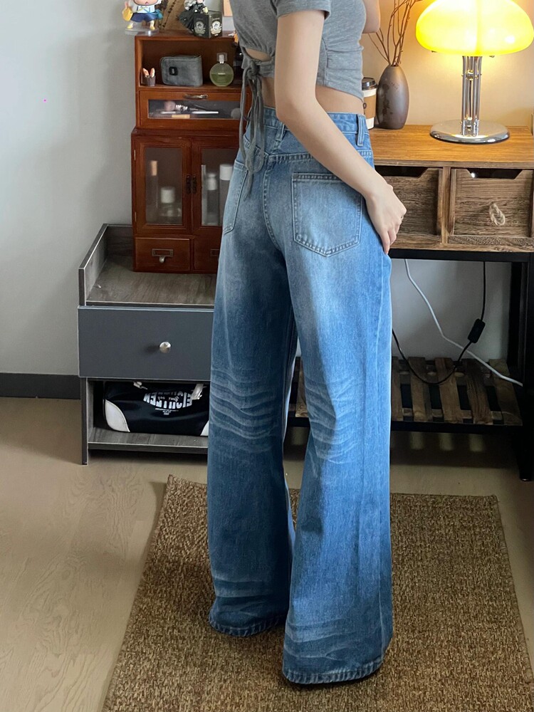 여성용 대형 아메리칸 레트로 워시 디자인 스트레이트 청바지 여름 새로운 루즈 스트레이트 슬림 와이드 레그 팬츠