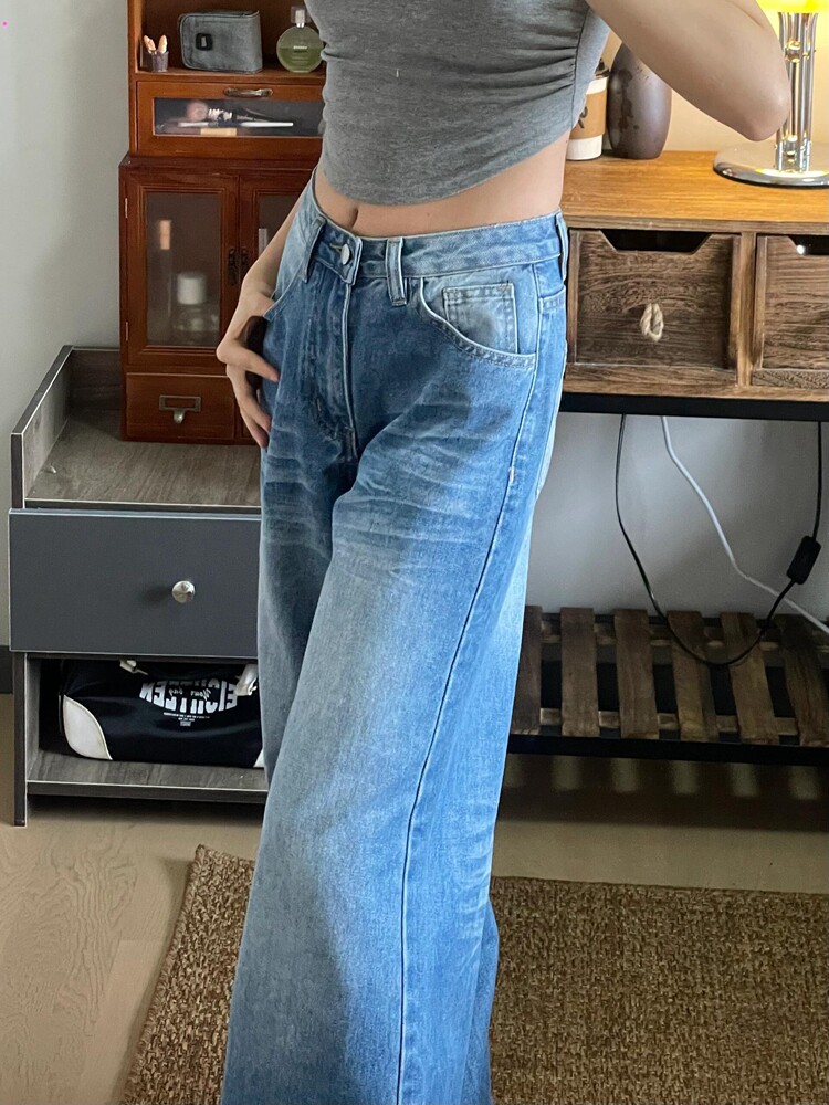 여성용 대형 아메리칸 레트로 워시 디자인 스트레이트 청바지 여름 새로운 루즈 스트레이트 슬림 와이드 레그 팬츠