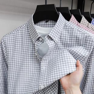 韩版复古蓝白格子纯棉衬衣男款春秋新款百搭休闲商务打底长袖衬衫