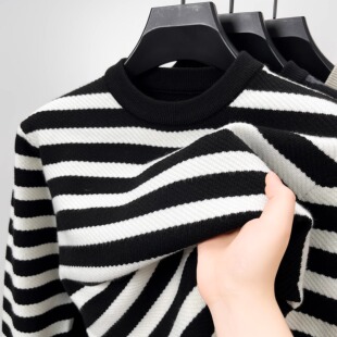 日式复古圆领黑白条纹毛衣男秋冬季加厚百搭慵懒风宽松打底针织衫