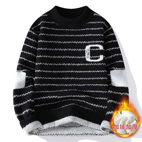 加绒加厚圆领条纹针织衫毛衣男