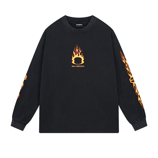 派克服 做旧长袖 BAIGUSENGAS 巴黎家双环火焰直喷印花纯棉男女同款