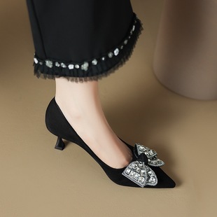 宴会时装女鞋韩版时尚尖头浅口水钻蝴蝶结气质名 媛高跟鞋仙女风