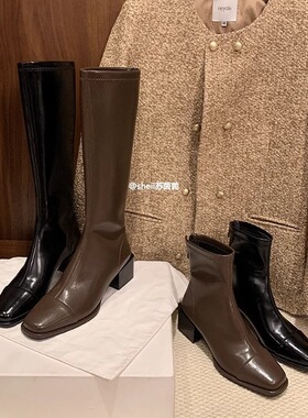 【shei苏茵茵】两个版本~方头后拉链粗跟弹力高筒长 靴女瘦瘦短靴