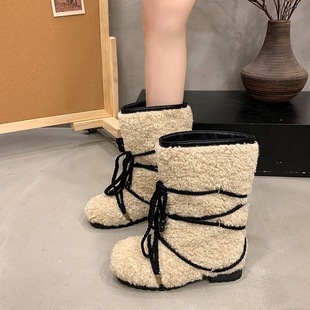 丑萌雪地靴女软卷毛厚底月亮靴冬季新款绑带加绒加厚保暖棉靴