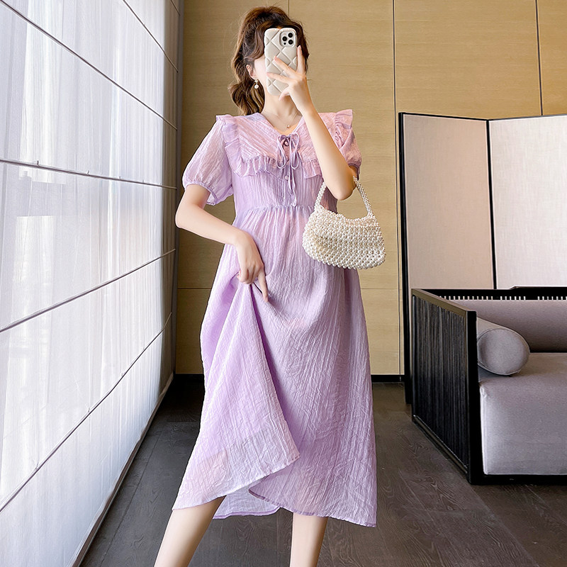 MATERNITY SUMMER SKIRT 2023 NEW FASHION WEAR OUTWARD SENSE OF LUXURY GENTLE PURPLE DOLL COLLAR SUMMER DRESS WOMEN
