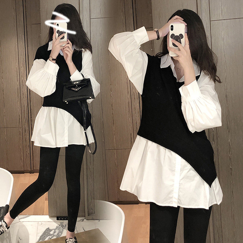 PREGNANT WOMEN AUTUMN CLOTHES SET 2024 FASHION STYLE INTERNET CELEBRITY FAKE TWO-PIECE TEMPERAMENT SPRING AND AUTUMN DRESS LONG SLEEVE AUTUMN TOP WOMEN