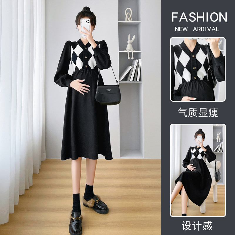 MATERNITY CLOTHES AUTUMN WINTER 2022 NEW FASHION INTERNET CELEBRITY KOREAN VERSION FASHION SPLICED JACQUARD KNITTED NURSING DRESS WOMEN