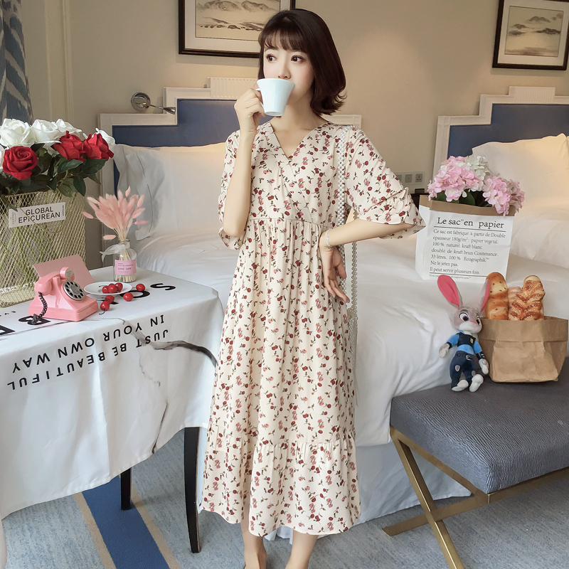 哺乳孕妇装夏装2019新款时尚V领碎花收腰哺乳长裙宽松孕妇连衣裙券后53.00元