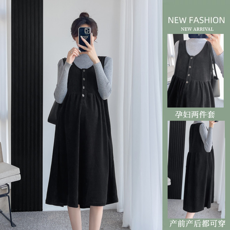 MATERNITY SUIT FASHIONABLE SPRING AND AUTUMN STYLE NEW TEMPERAMENT AGE REDUCTION BELLY COVERING OVER-THE-KNEE MID-LENGTH STRAP SKIRT TWO-PIECE SET