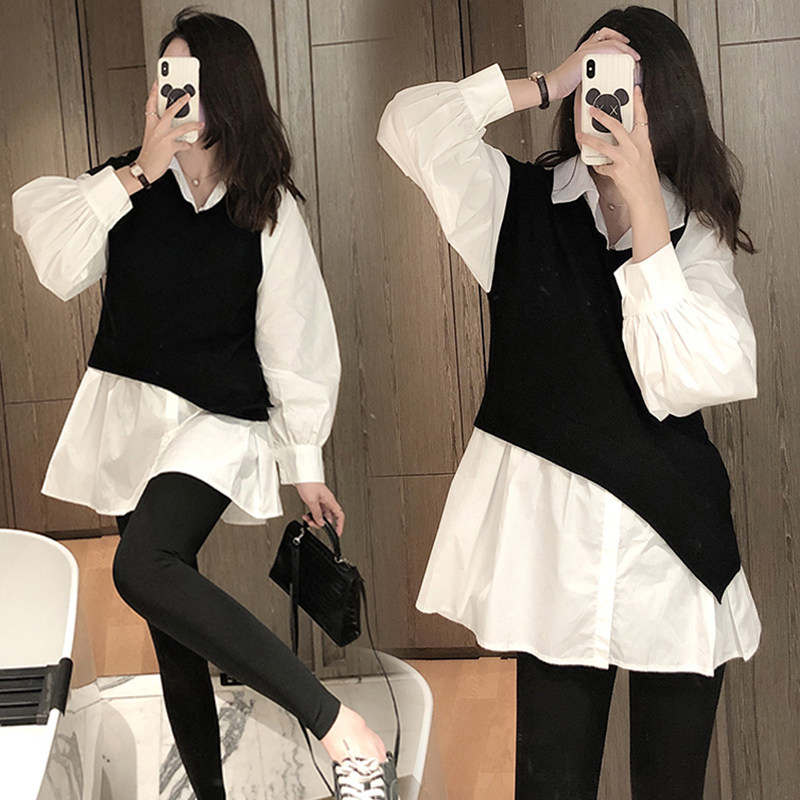 PREGNANT WOMEN AUTUMN CLOTHES SET 2024 FASHION STYLE INTERNET CELEBRITY FAKE TWO-PIECE TEMPERAMENT SPRING AND AUTUMN DRESS LONG SLEEVE AUTUMN TOP WOMEN