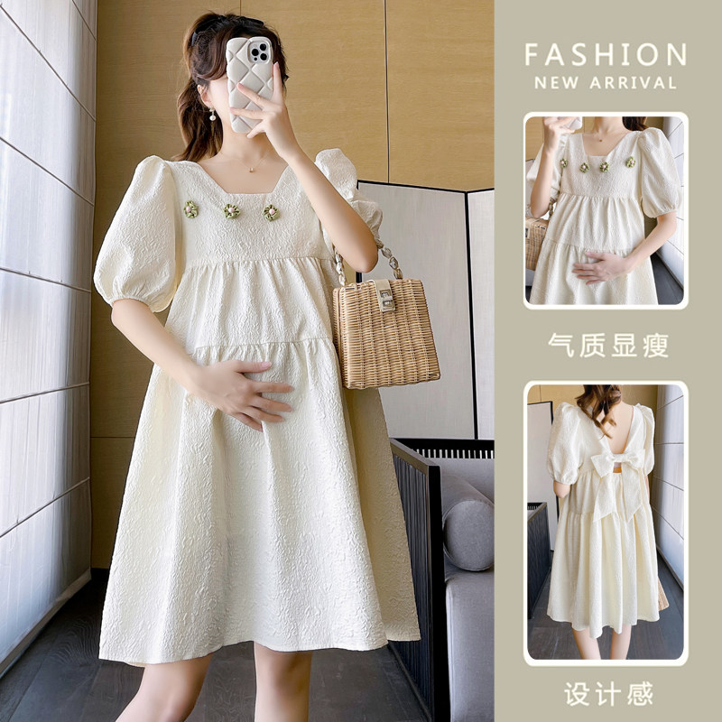 MATERNITY SUMMER SKIRT 2023 SUMMER NEW THREE-DIMENSIONAL HANDMADE FLOWER BOW PLUS SIZE MATERNITY DRESS WOMEN