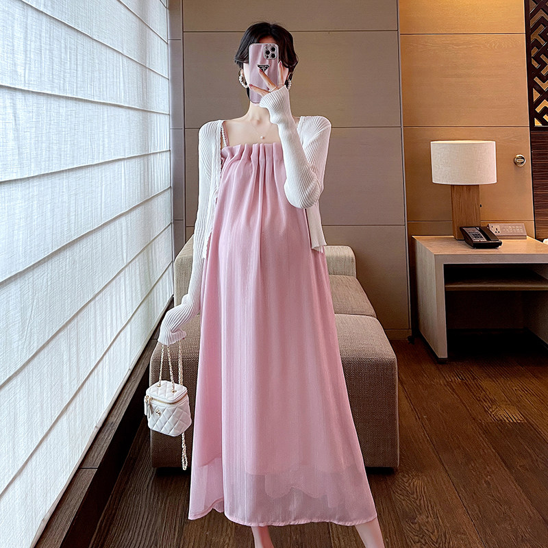 MATERNITY SUMMER 2024 NEW FASHION SUMMER DRESS KNITWEAR TOP + SUNDRESS TWO-PIECE DRESS SET