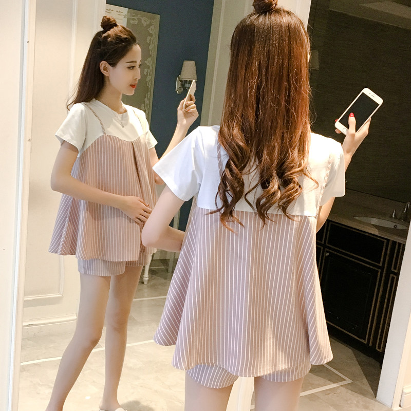 출산 여름 정장 세련된 여름 스플 라이스 스트라이프 반팔 탑 + 배꼽 지원 반바지 한국 스타일 임신 투피스 세트