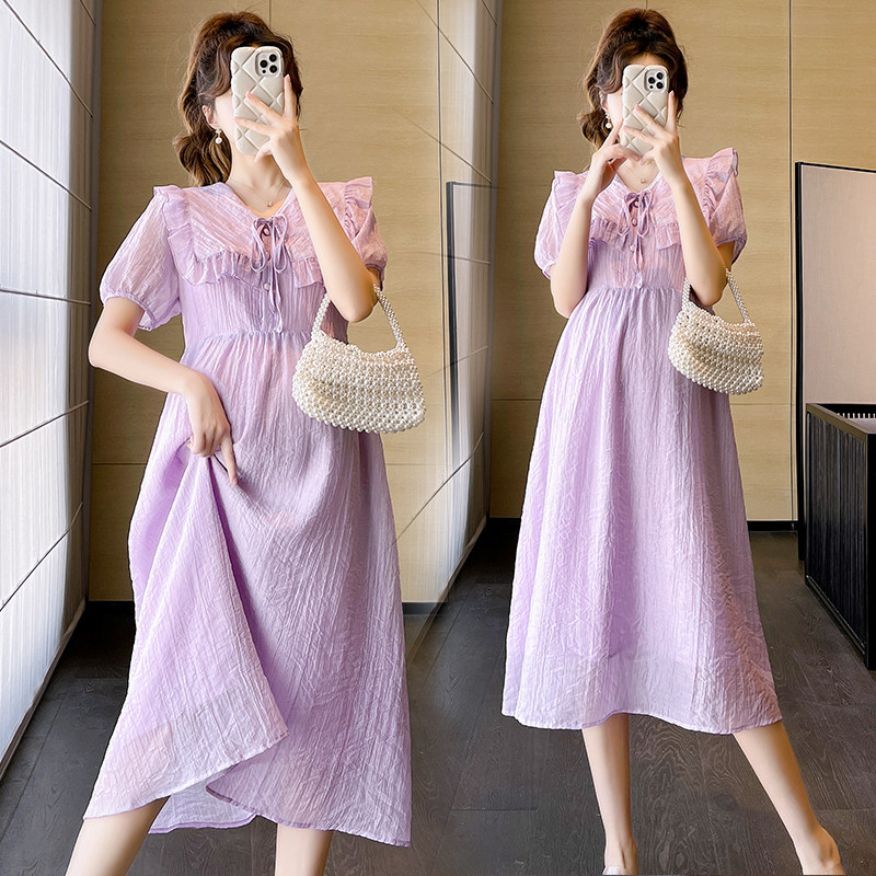 MATERNITY SUMMER SKIRT 2023 NEW FASHION WEAR OUTWARD SENSE OF LUXURY GENTLE PURPLE DOLL COLLAR SUMMER DRESS WOMEN