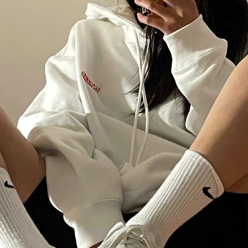 欧美高街连帽白色高级感卫衣女字母秋冬oversize印花长袖上衣服潮
