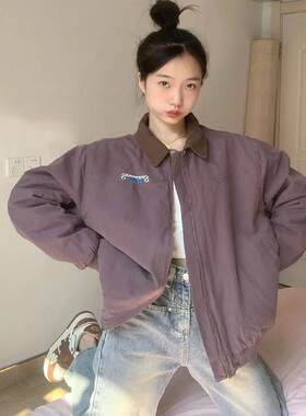 美式秋季紫色棒球服工装夹克外套