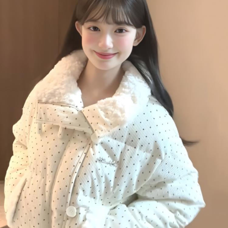 甜美波点羽绒服女白鸭绒加厚灯芯绒宽松面包服短款冬白色小众外套