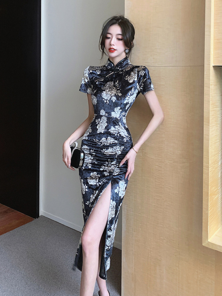 레트로 하이 엔드 벨벳 개선 치파오 중국 스타일 주름 허리 가방 엉덩이 슬릿 인쇄 중간 길이 드레스 봄