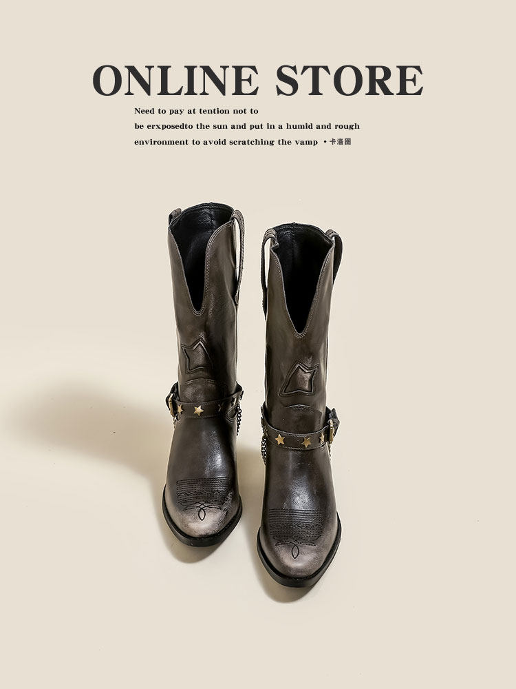 칼로토  가죽 자수 웨스턴 카우보이 부츠 여성용 황무지 스타일 낡고 긁힌 오각별 종아리 중간 부츠 마틴 부츠
