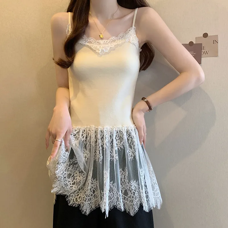 300斤加大码黑色蕾丝花边下摆吊带背心女早春胖mm内搭中长款上衣
