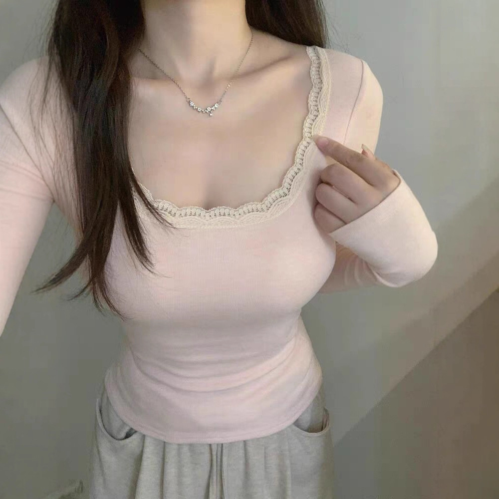 野媛自带胸垫徳绒打底衫女秋冬U领磨毛内搭长袖蕾丝花边纯欲上衣