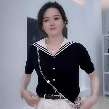 撞色条纹海军领冰丝短袖针织衫女2025新款洋气减龄薄款开衫上衣女