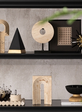 轻奢侘寂黑金黄洞石开放格摆件