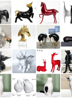 现代简约猫狗鹿马牛工艺品摆件