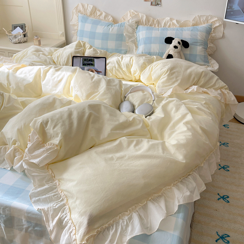 韩系少女风纯棉床上四件套全棉被套床单三件套学生宿舍纯色ins风