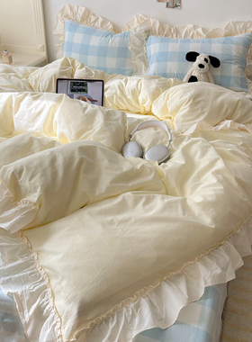 韩系少女风纯棉床上四件套全棉被套床单三件套学生宿舍纯色ins风