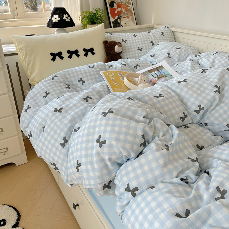 韩版ins风清新蓝床上纯棉四件套全棉被套床单三件套宿舍时尚混搭