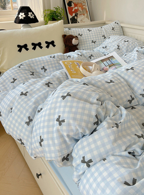 韩版ins风清新蓝床上纯棉四件套全棉被套床单三件套宿舍时尚混搭