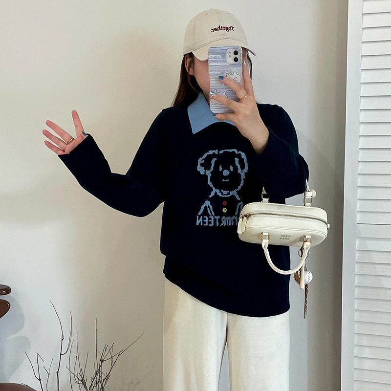 乃粒23569大码女装撞色polo领上衣休闲毛衣25冬款胖mm提花针织衫